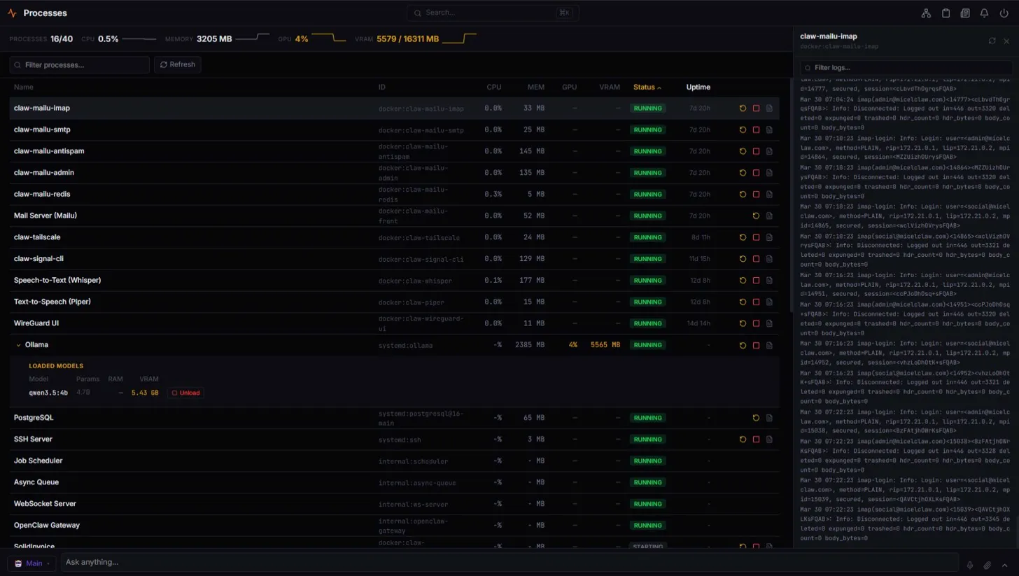 The unified process table — Docker containers, systemd services, internal workers and Ollama models in one namespace, with a live summary bar across the top and a per-process log panel on the right.