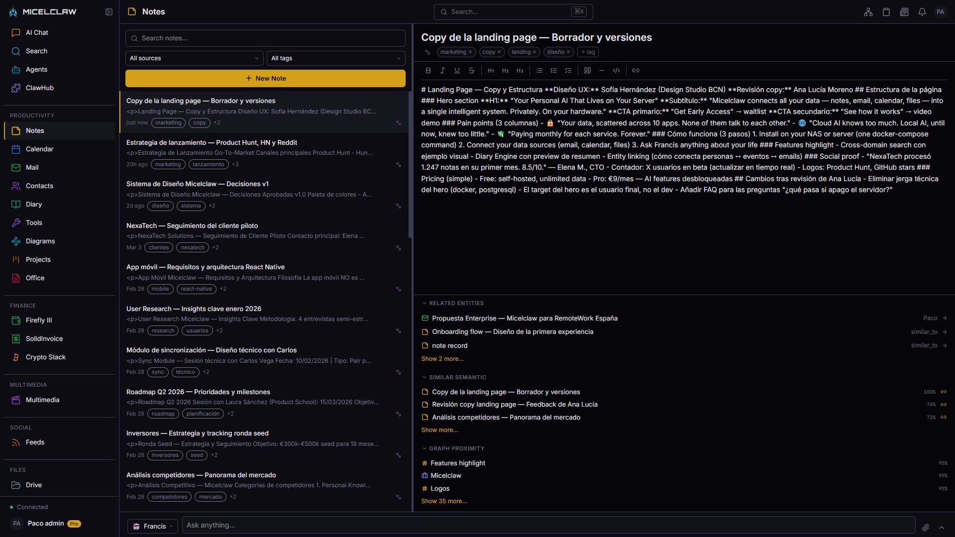 Micelclaw Dashboard — Notes with semantic search and knowledge graph